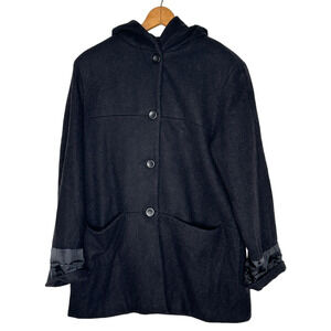 Herman Kay Womans L Luxury 100% Wool Car Coat Oversized Hooded Jacket Black